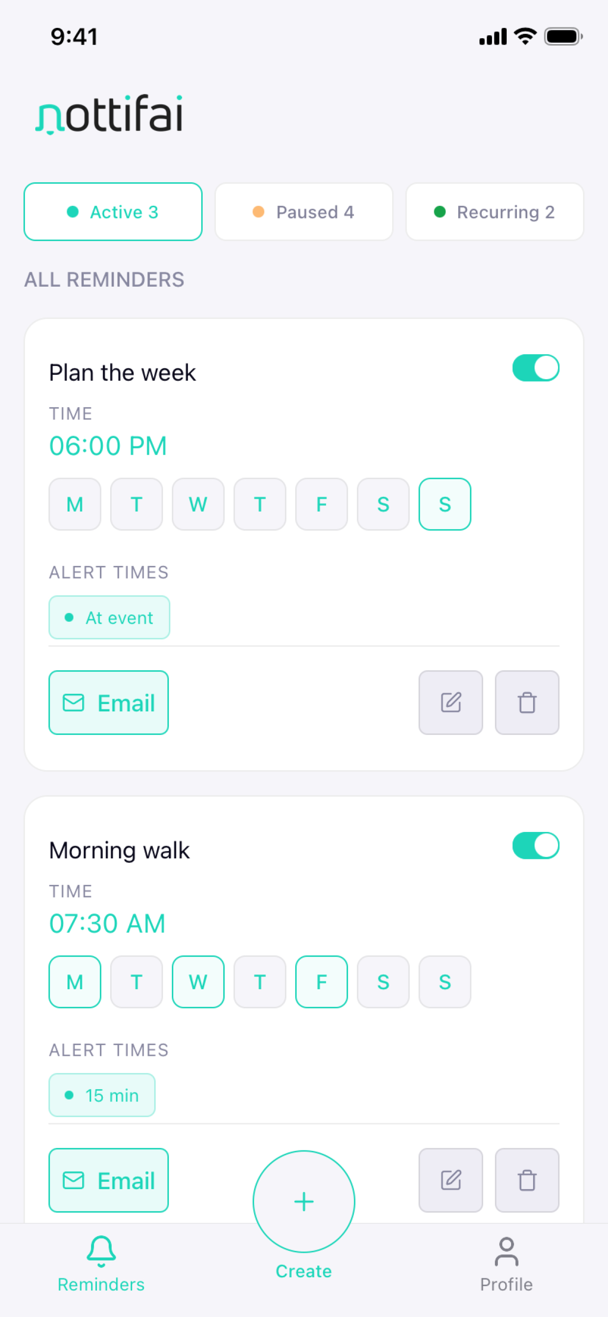 Nottifai reminders, showing weekly plans and a morning walk with selected weekdays and email alerts.